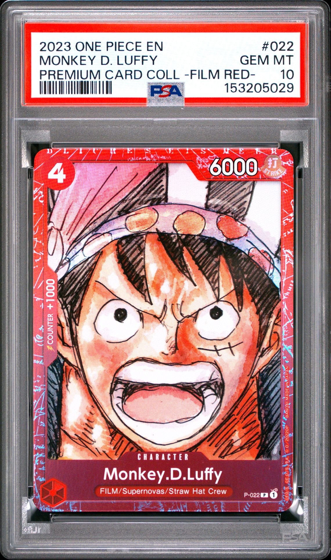 2023 One Piece Premium Card Collection -One Piece Film Red- Monkey D. Luffy #022 Gem Mt 10 front view - PSA graded GEM MT 10