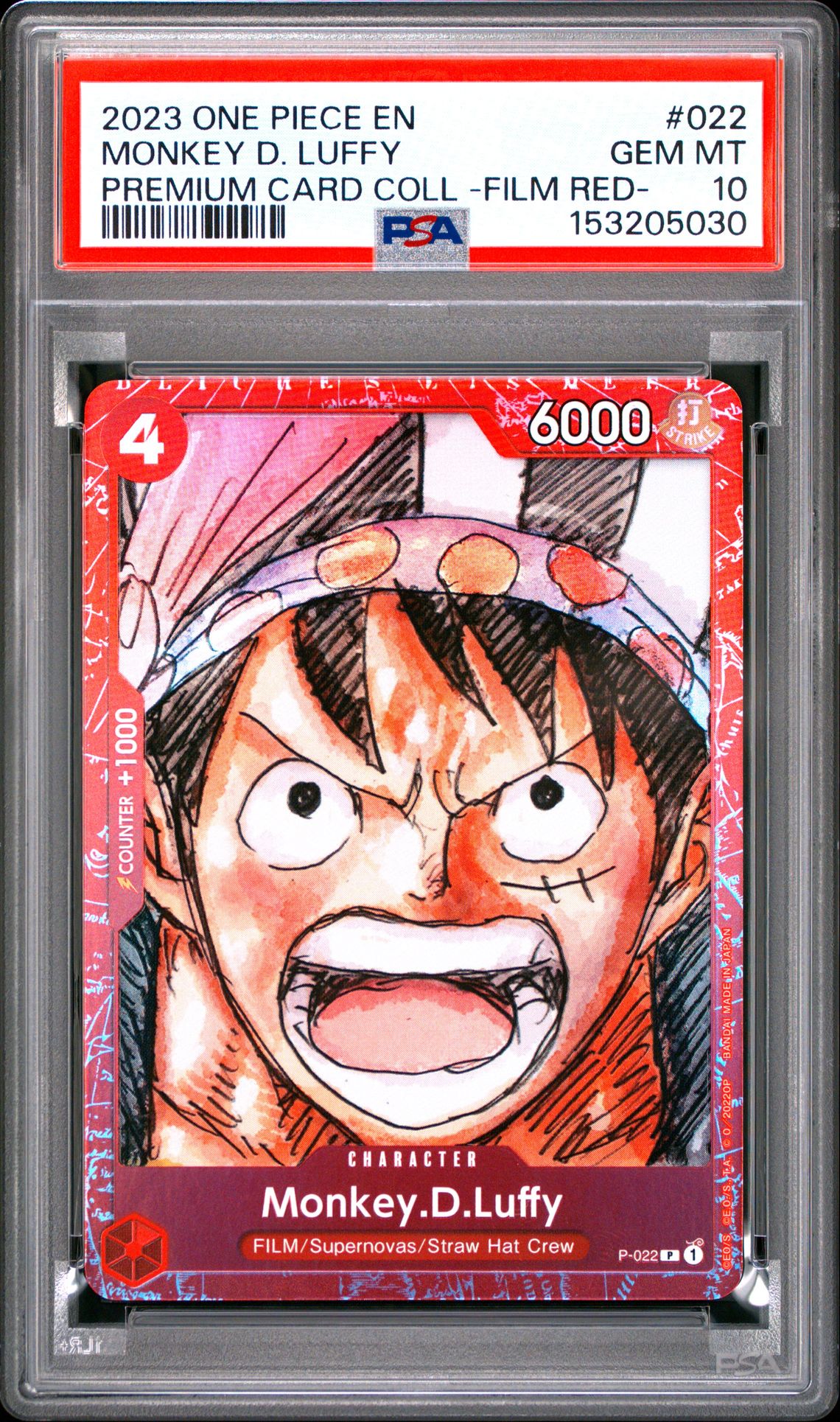 2023 One Piece Premium Card Collection -One Piece Film Red- Monkey D. Luffy #022 Gem Mt 10 front view - PSA graded GEM MT 10