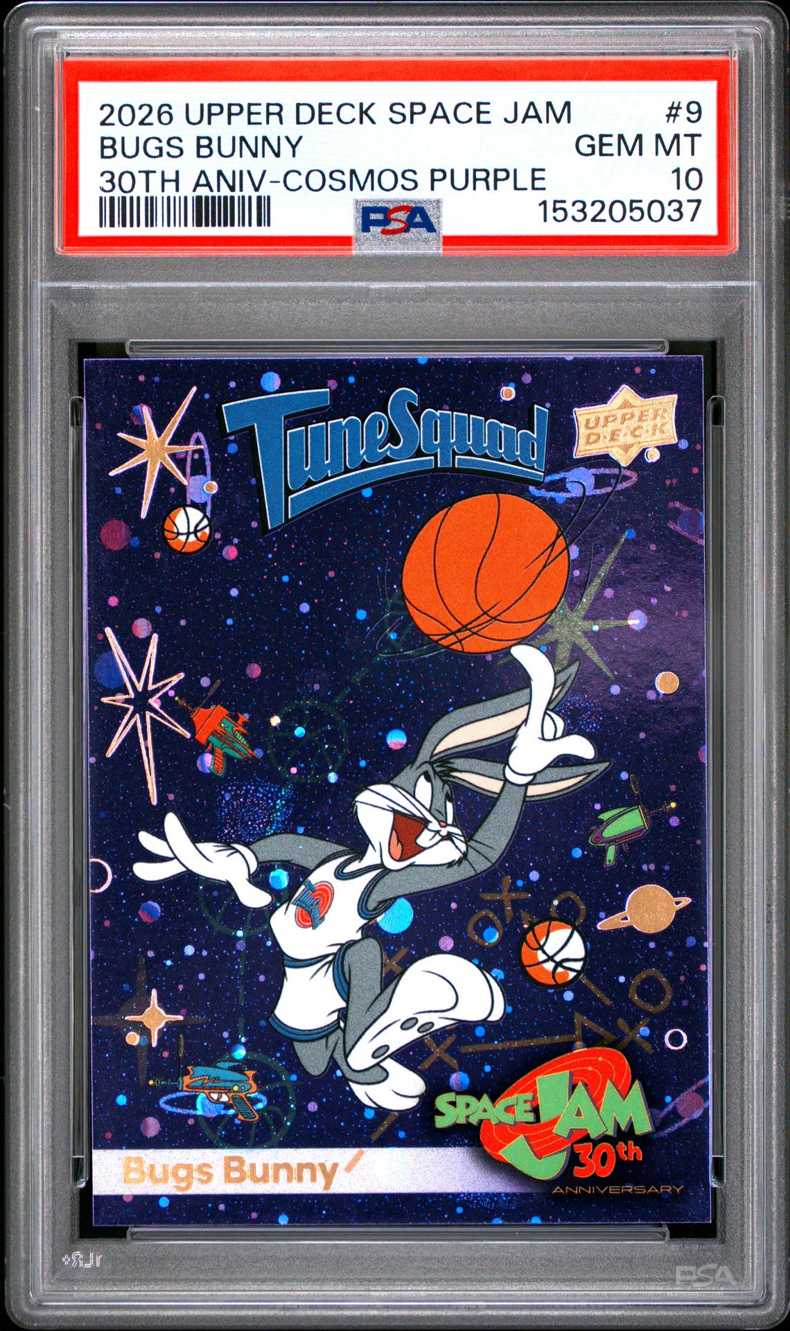 2026 Upper Deck Space Jam 30Th Anniversary Bugs Bunny #9 (30Th Aniv-Cosmos Purple) Gem Mt 10 front view - PSA graded GEM MT 10