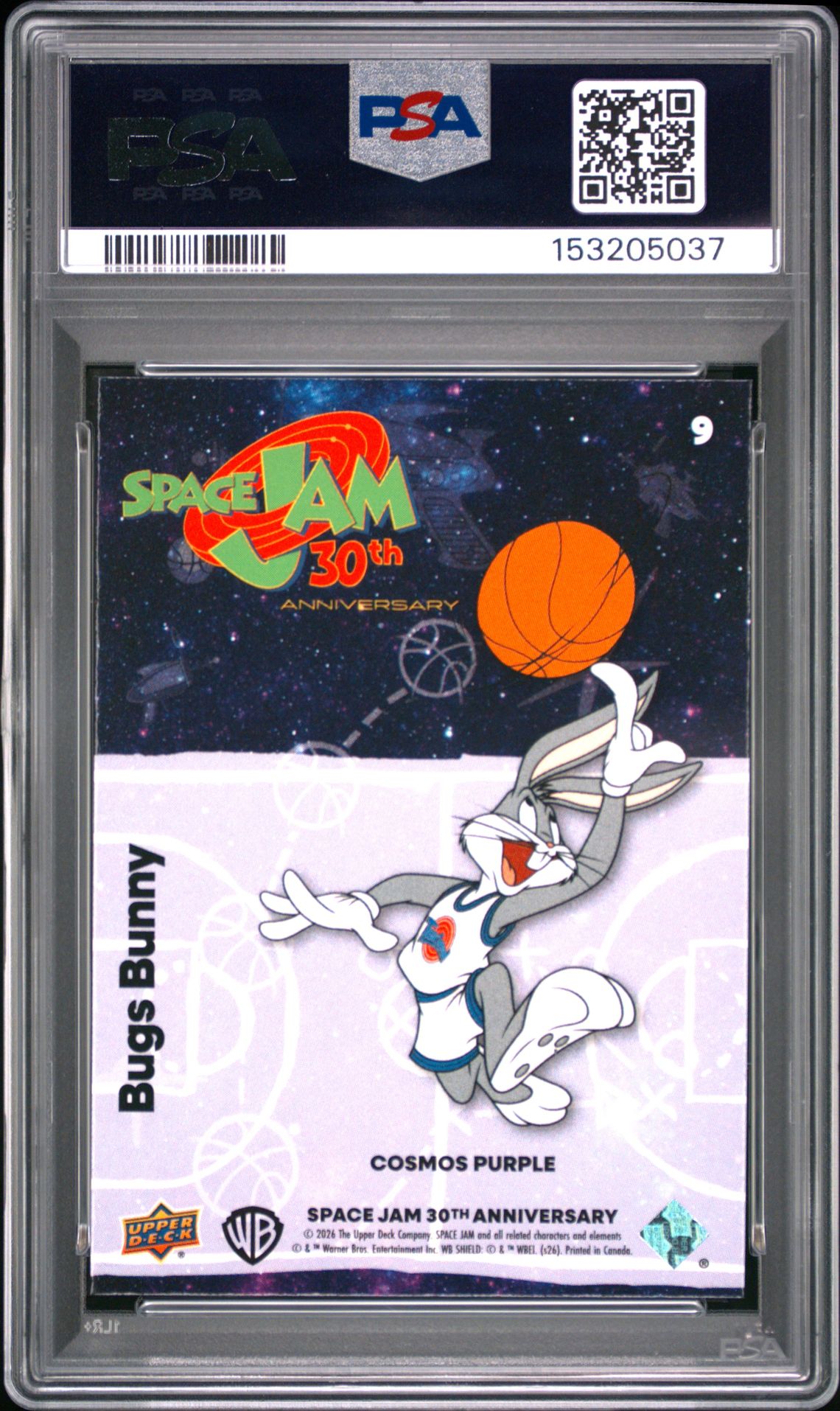 2026 Upper Deck Space Jam 30Th Anniversary Bugs Bunny #9 (30Th Aniv-Cosmos Purple) Gem Mt 10 back view - PSA certificate #153205037
