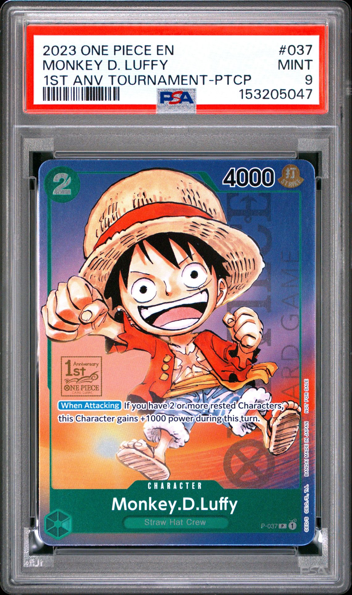 2023 One Piece Promos Monkey D. Luffy #037 (1St Anv Tournament-Ptcp) Mint 9 front