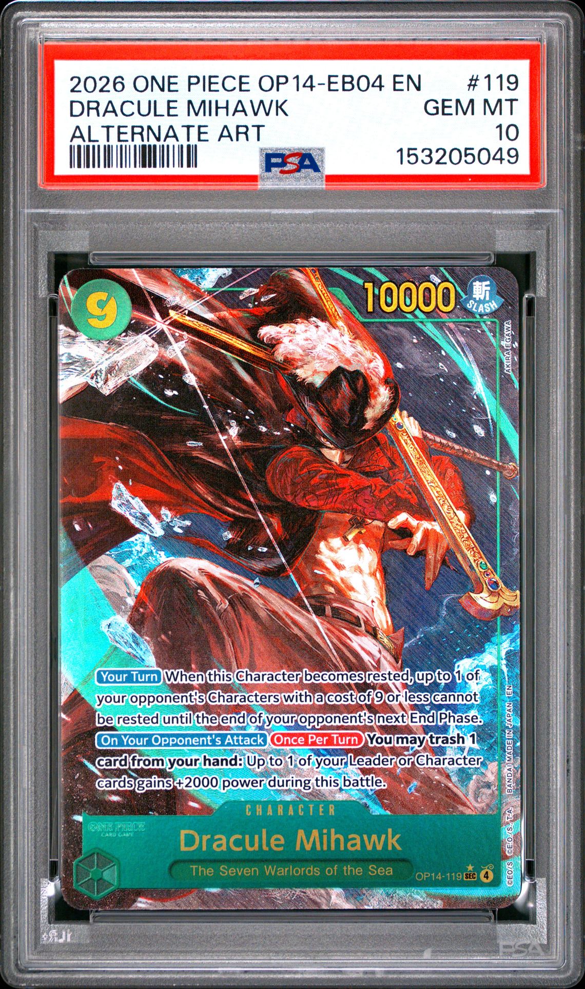 2026 One Piece Op14-Eb04-The Azure Sea's Seven Dracule Mihawk #119 (Alternate Art) Gem Mt 10 front