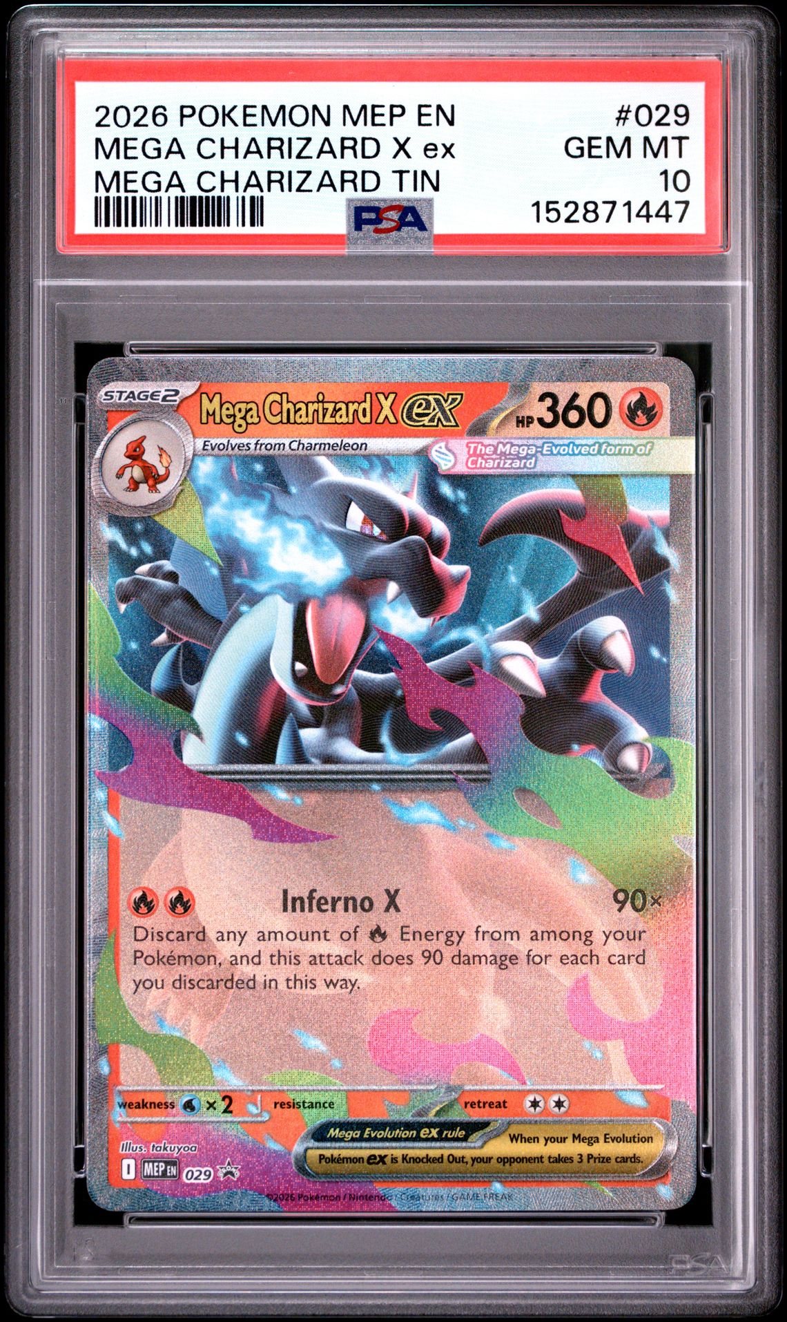 2026 Pokemon Mep En-Me Black Star Promo Mega Charizard X Ex #029 (Mega Charizard Tin) Gem Mt 10 front view - PSA graded GEM MT 10