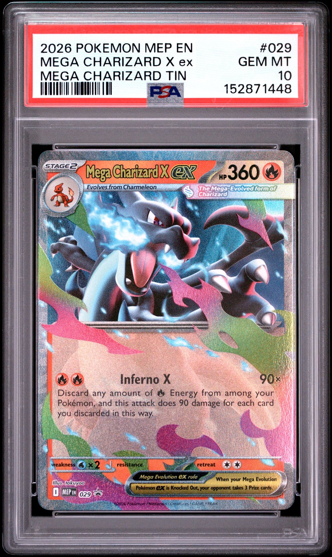 2026 Pokemon Mep En-Me Black Star Promo Mega Charizard X Ex #029 (Mega Charizard Tin) Gem Mt 10 front view - PSA graded GEM MT 10