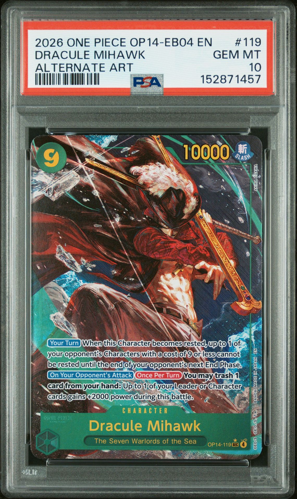 2026 One Piece Op14-Eb04-The Azure Sea's Seven Dracule Mihawk #119 (Alternate Art) Gem Mt 10 front view - PSA graded GEM MT 10