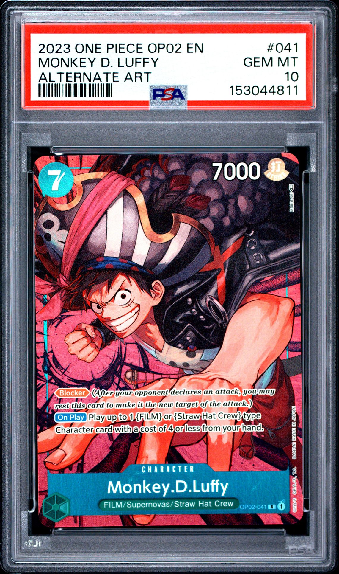 2023 One Piece Op02-Paramount War Monkey D. Luffy #041 (Alternate Art) Gem Mt 10 front view - PSA graded GEM MT 10