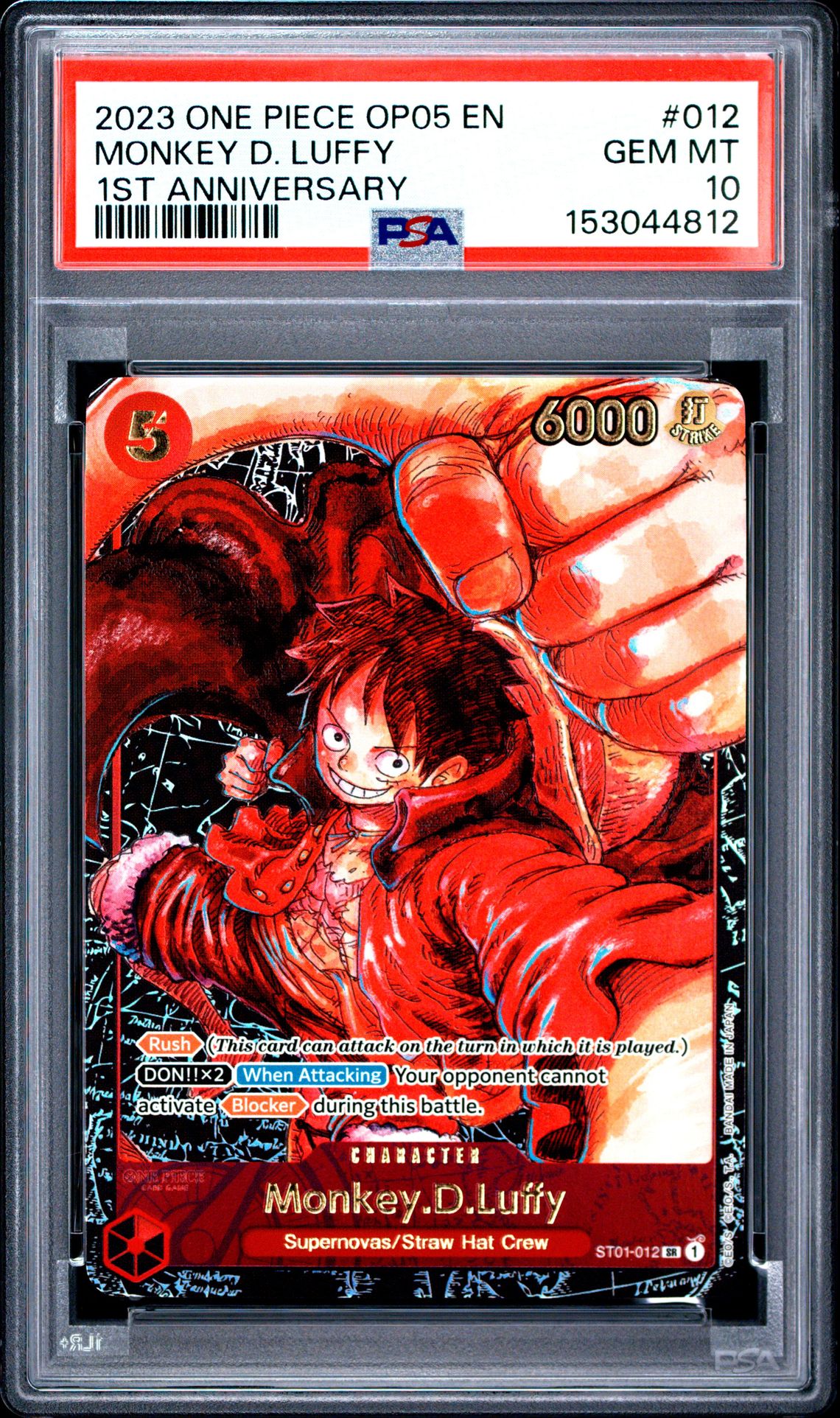 2023 One Piece Op05-Awakening Of The New Era Monkey D. Luffy #012 (1St Anniversary) Gem Mt 10 front view - PSA graded GEM MT 10