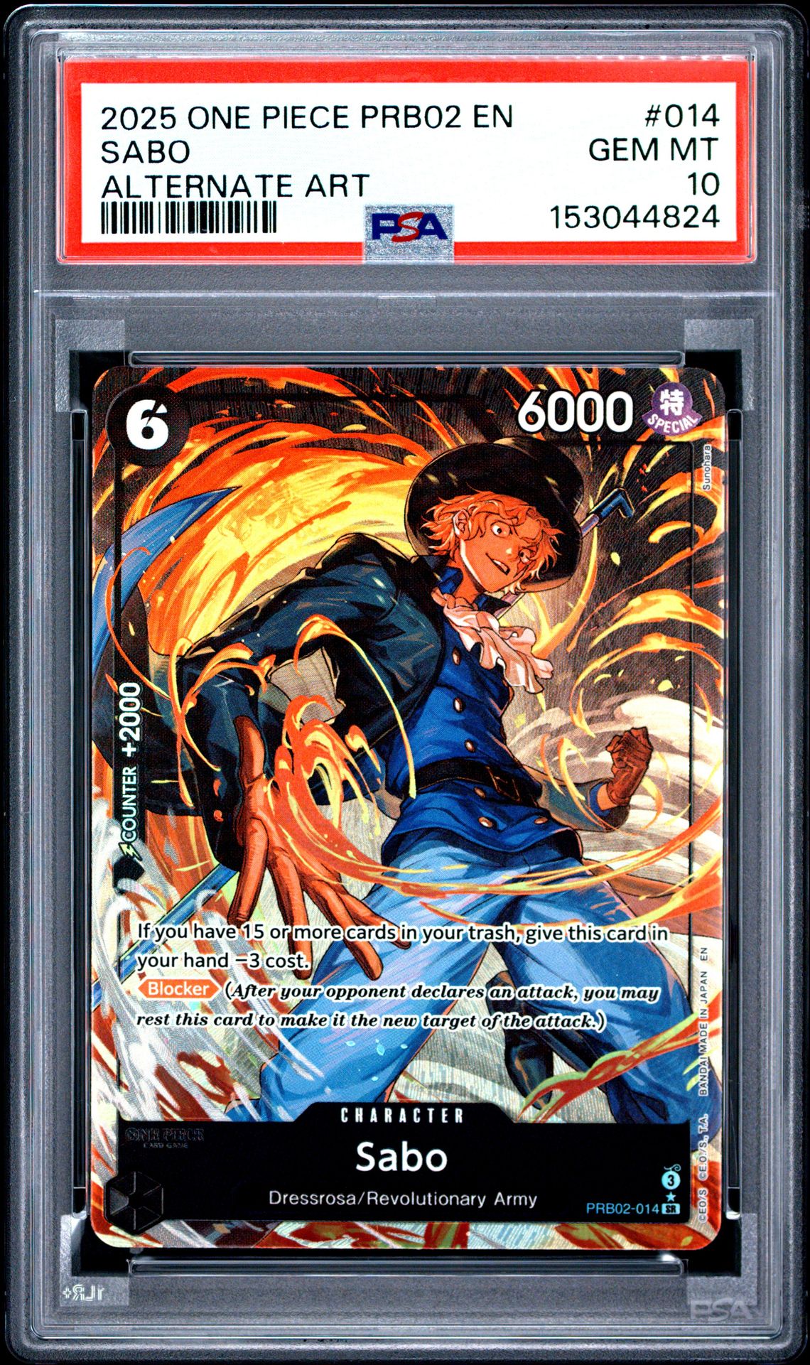 2025 One Piece Prb02-Premium Booster -One Piece Card The Best- Vol.2 Sabo #014 (Alternate Art) Gem Mt 10 front view - PSA graded GEM MT 10