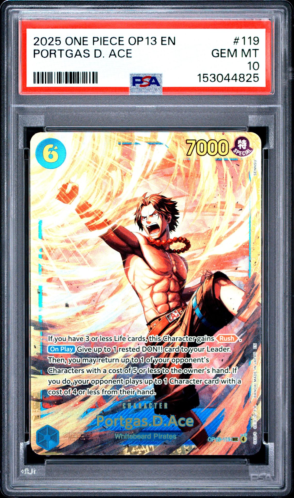 2025 One Piece Op13-Carrying On His Will Portgas D. Ace #119 Gem Mt 10 front view - PSA graded GEM MT 10