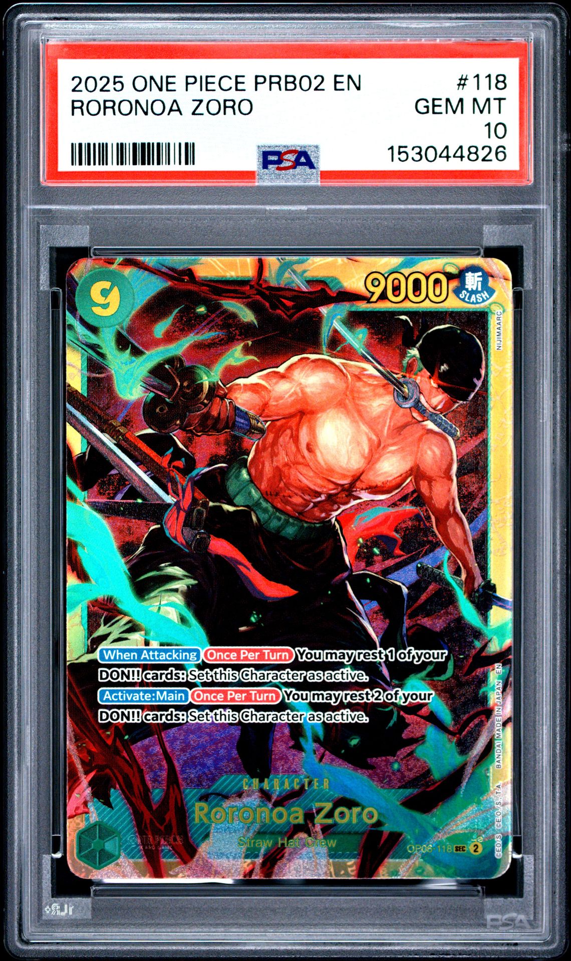 2025 One Piece Prb02-Premium Booster -One Piece Card The Best- Vol.2 Roronoa Zoro #118 Gem Mt 10 front view - PSA graded GEM MT 10