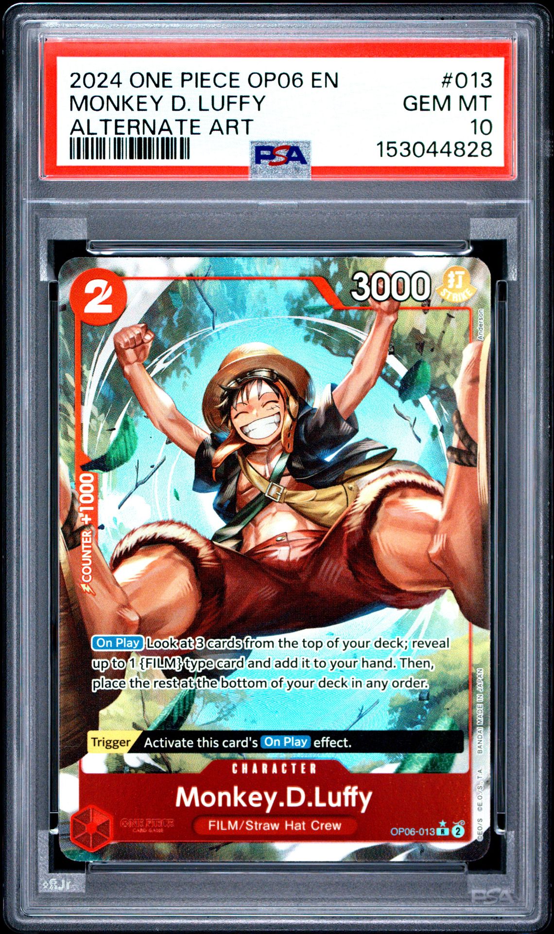 2024 One Piece Op06-Wings Of The Captain Monkey D. Luffy #013 (Alternate Art) Gem Mt 10 front view - PSA graded GEM MT 10