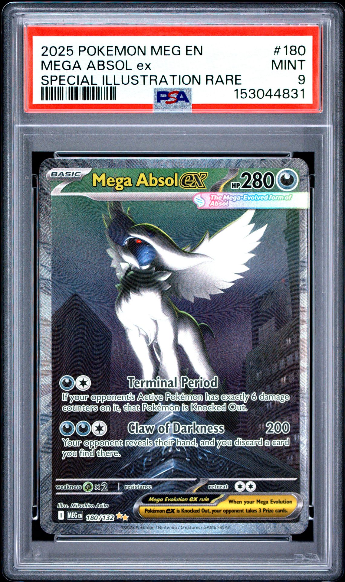 2025 Pokemon Meg En-Mega Evolution Mega Absol Ex #180 (Special Illustration Rare) Mint 9 front view - PSA graded MINT 9