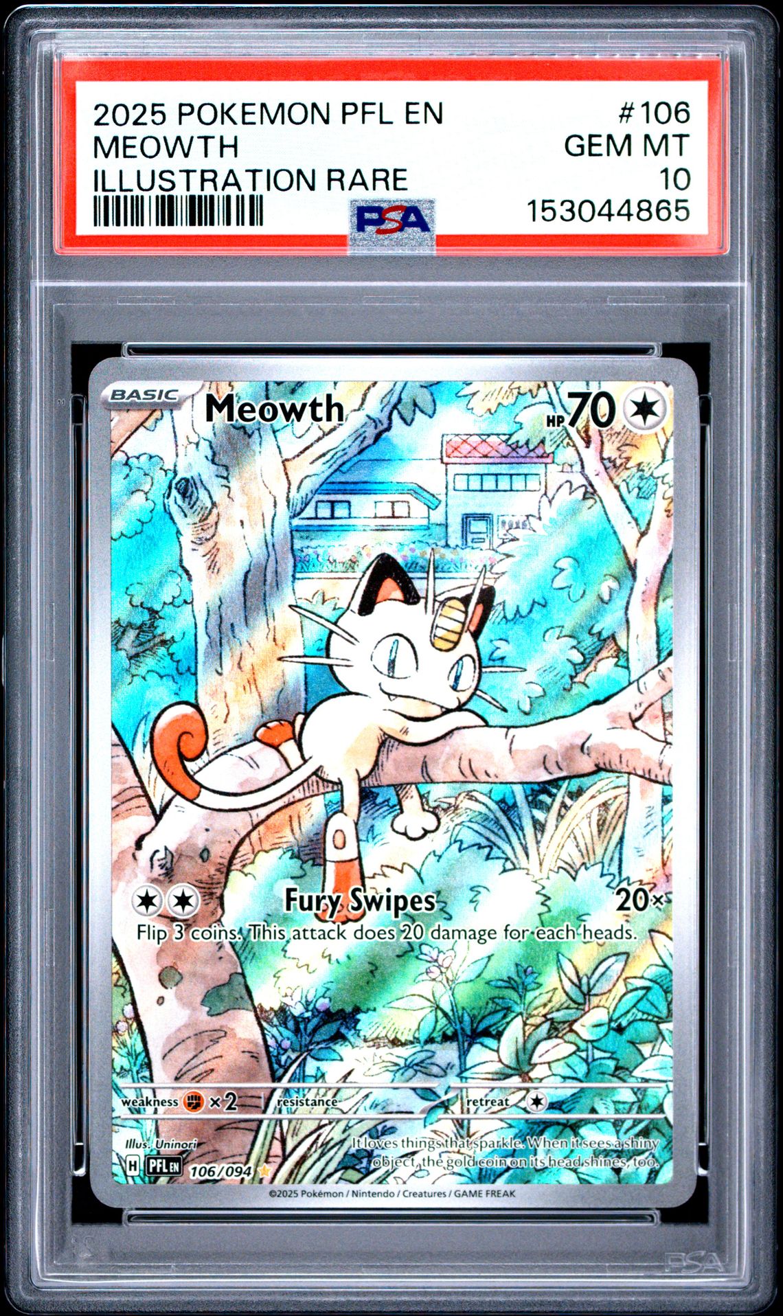 2025 Pokemon Pfl En-Phantasmal Flames Meowth #106 (Illustration Rare) Gem Mt 10 front view - PSA graded GEM MT 10