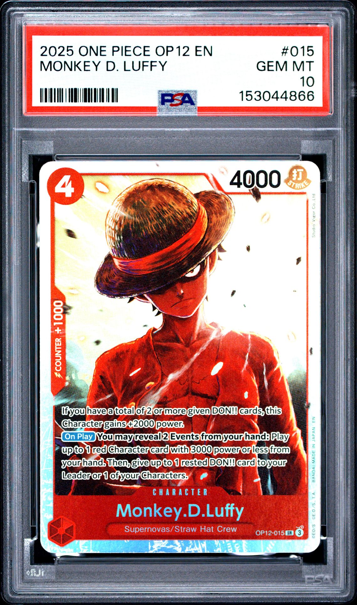 2025 One Piece Op12-Legacy Of The Master Monkey D. Luffy #015 Gem Mt 10 front view - PSA graded GEM MT 10