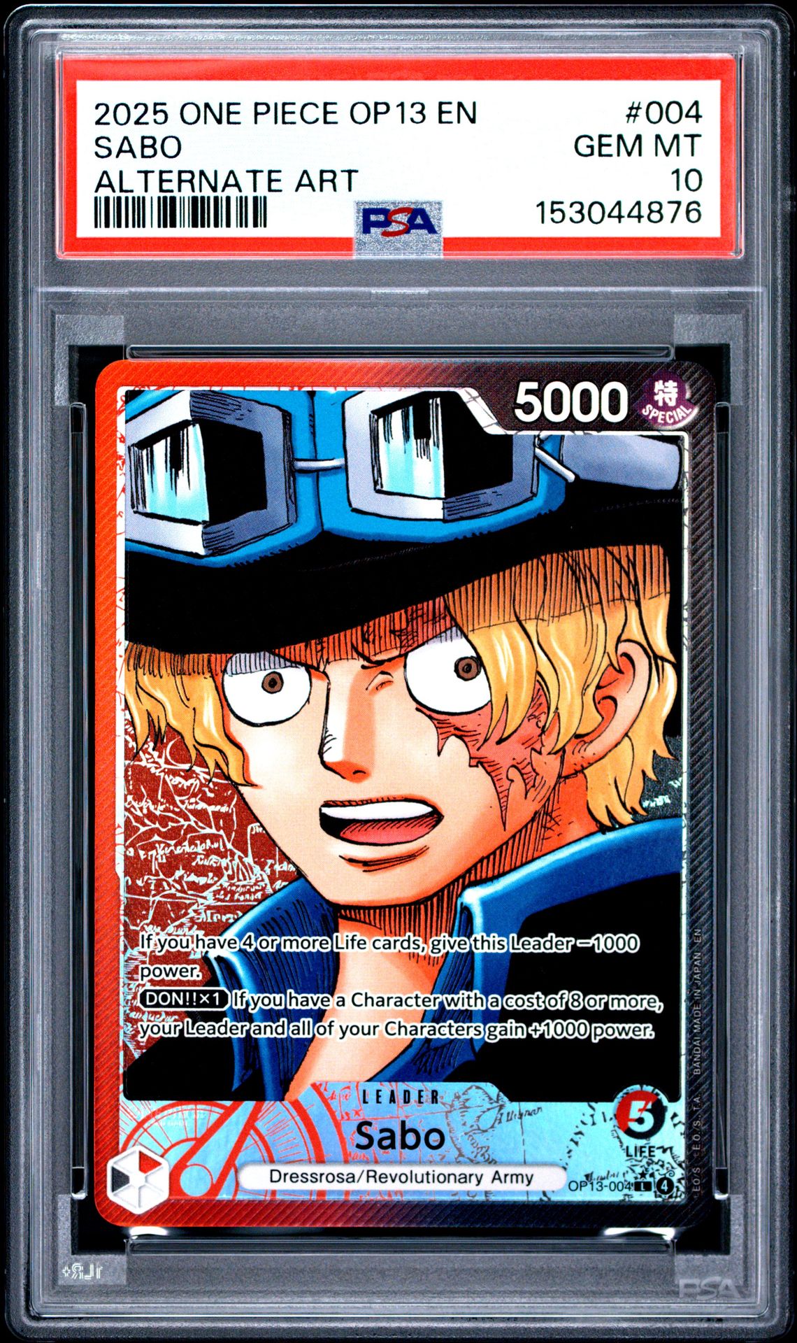 2025 One Piece Op13-Carrying On His Will Sabo #004 (Alternate Art) Gem Mt 10 front view - PSA graded GEM MT 10