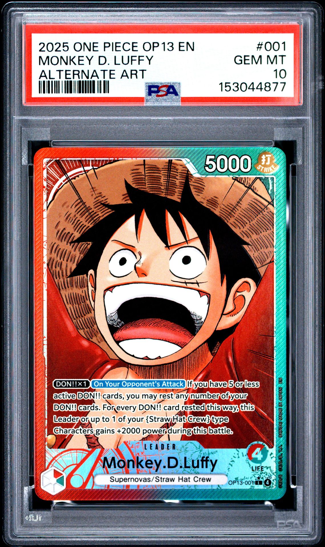 2025 One Piece Op13-Carrying On His Will Monkey D. Luffy #001 (Alternate Art) Gem Mt 10 front view - PSA graded GEM MT 10