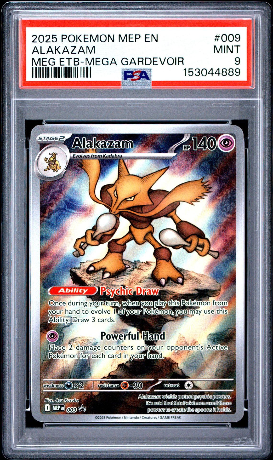 2025 Pokemon Mep En-Me Black Star Promo Alakazam #009 (Meg Etb-Mega Gardevoir) Mint 9 front view - PSA graded MINT 9