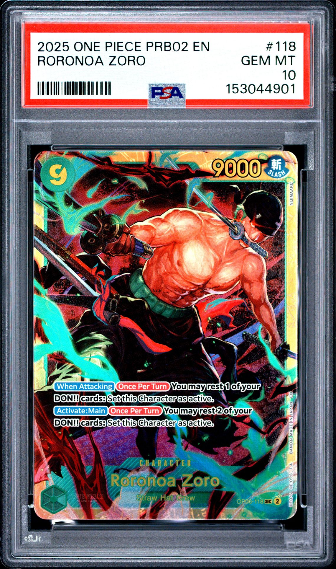 2025 One Piece Prb02-Premium Booster -One Piece Card The Best- Vol.2 Roronoa Zoro #118 Gem Mt 10 front view - PSA graded GEM MT 10