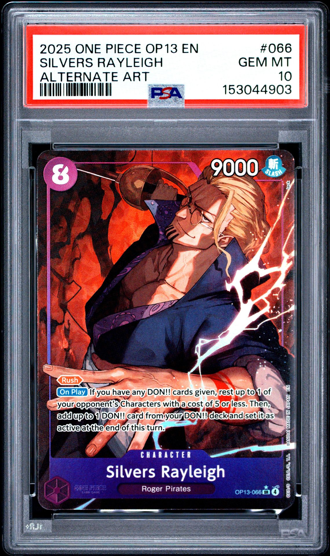 2025 One Piece Op13-Carrying On His Will Silvers Rayleigh #066 (Alternate Art) Gem Mt 10 front view - PSA graded GEM MT 10