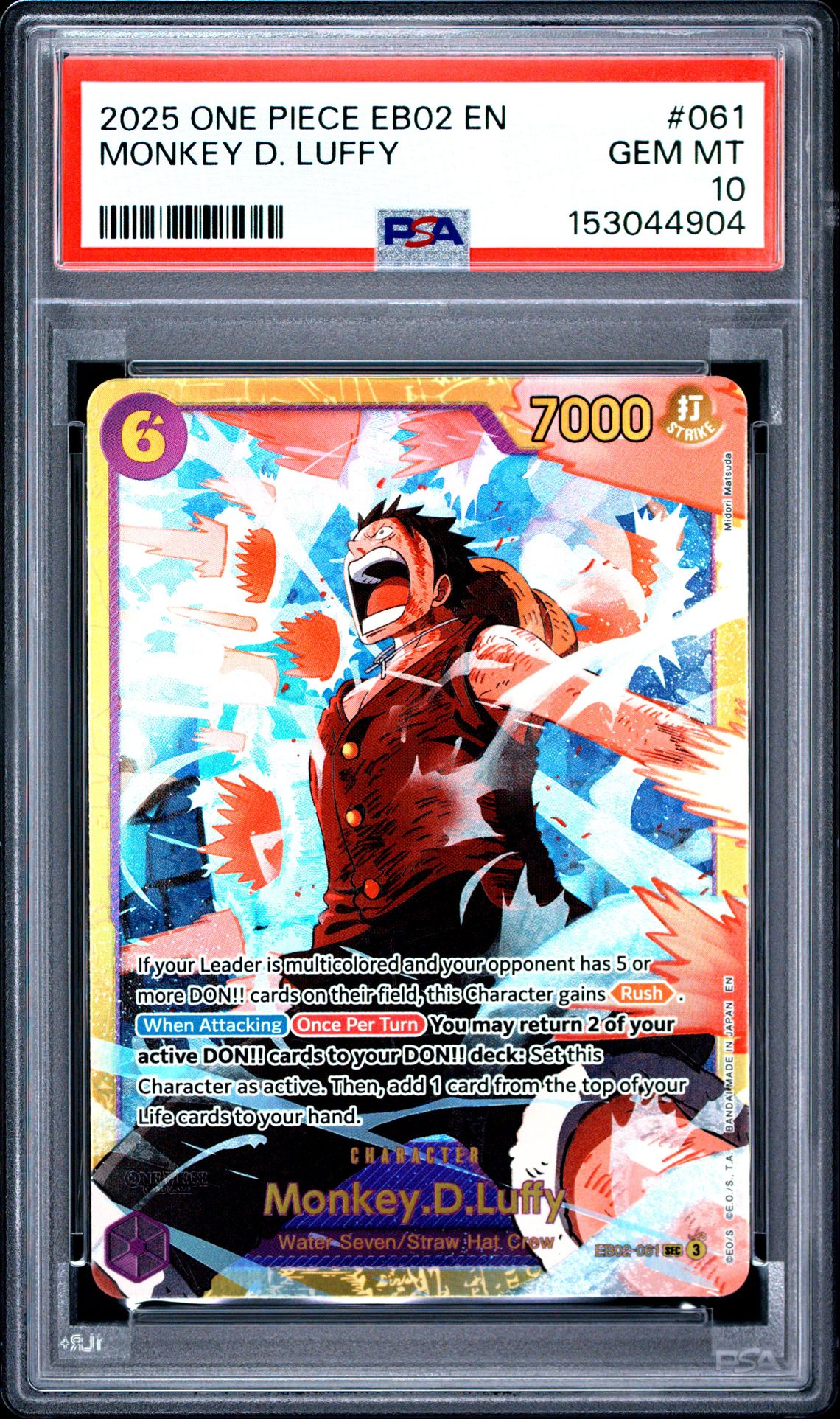 2025 One Piece Eb02-Extra Booster -Anime 25Th Collection- Monkey D. Luffy #061 Gem Mt 10 front view - PSA graded GEM MT 10