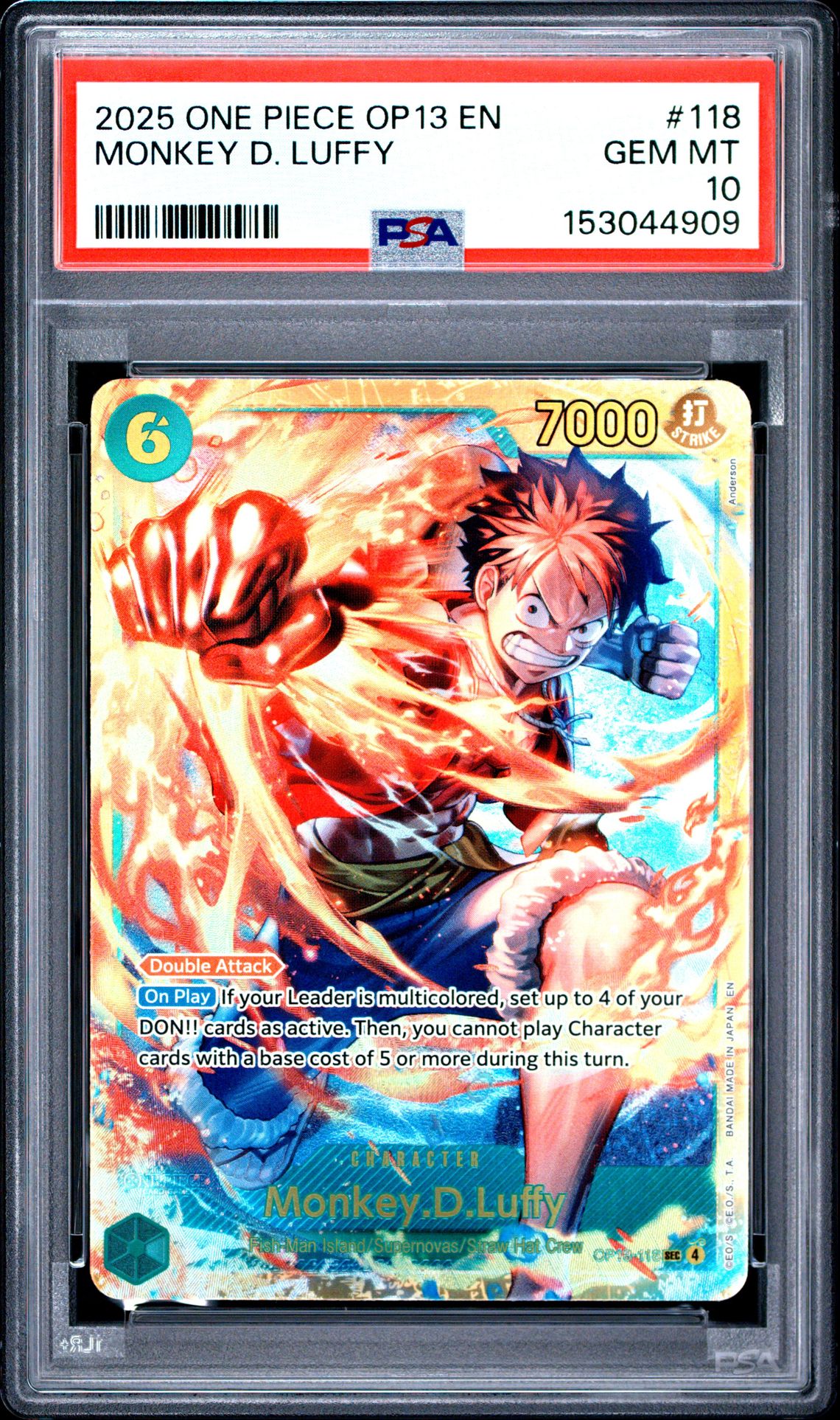 2025 One Piece Op13-Carrying On His Will Monkey D. Luffy #118 Gem Mt 10 front view - PSA graded GEM MT 10