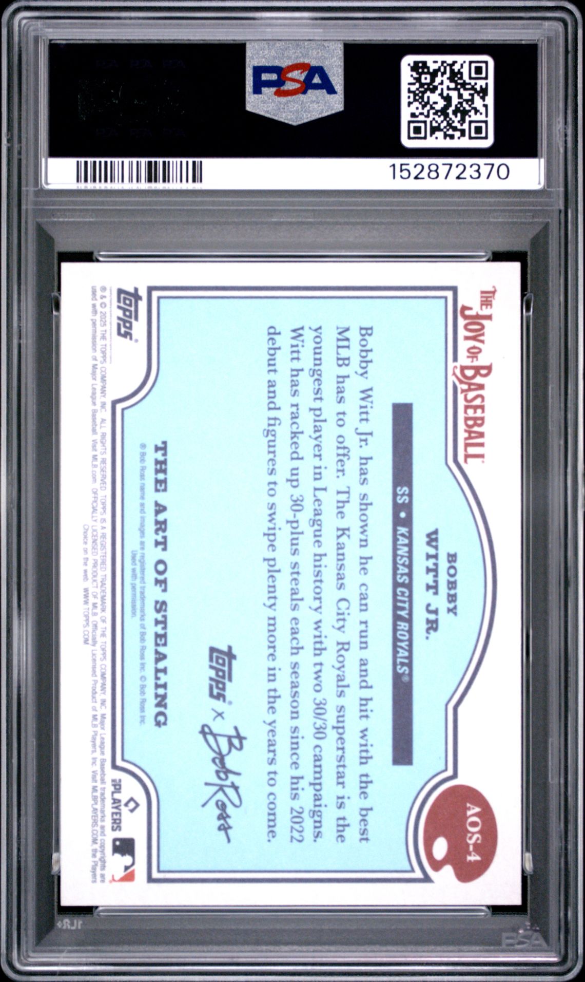 2025 Topps X Bob Ross The Joy Of Baseball The Art Of Stealing Bobby Witt Jr. #Aos-4 (Art/Stealing-Paint Splatter) Gem Mt 10 back