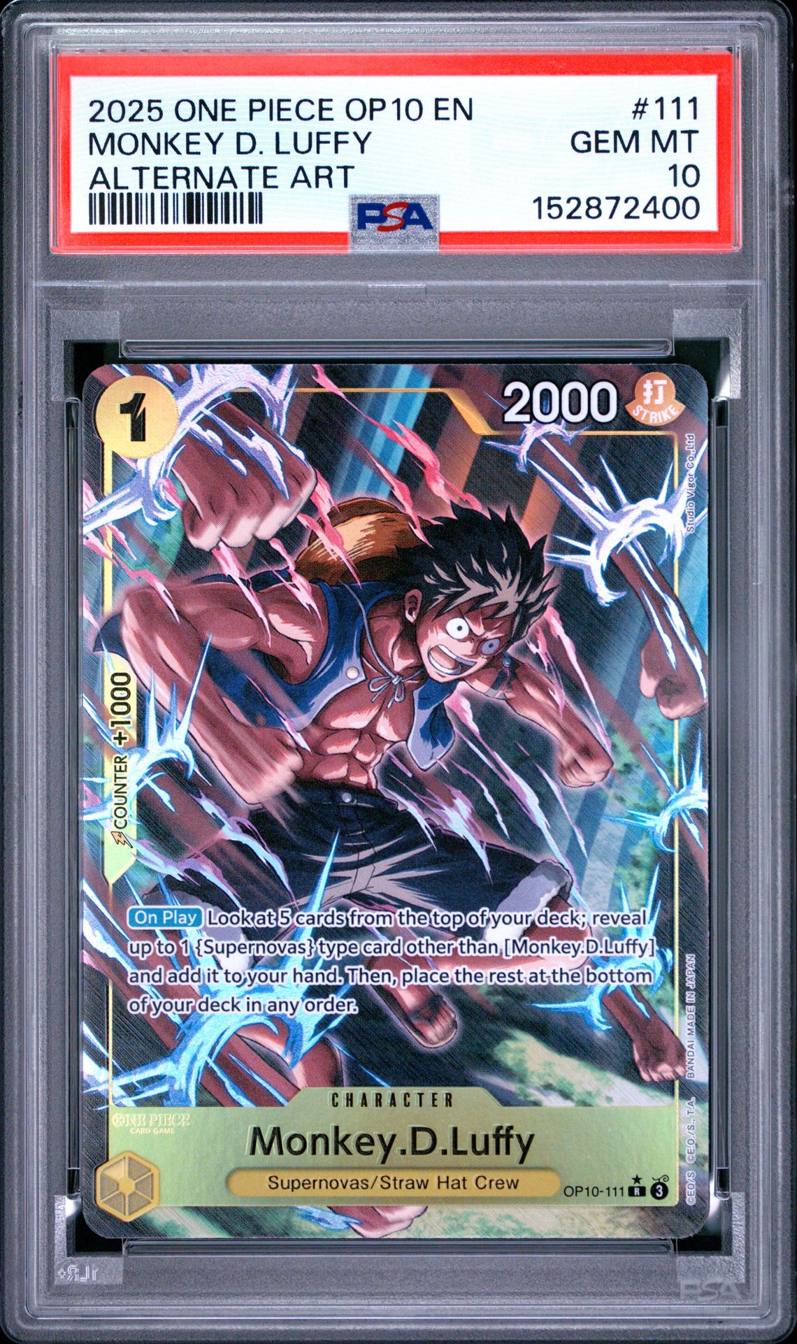 2025 One Piece Op10-Royal Blood Monkey D. Luffy #111 (Alternate Art) Gem Mt 10 front view - PSA graded GEM MT 10