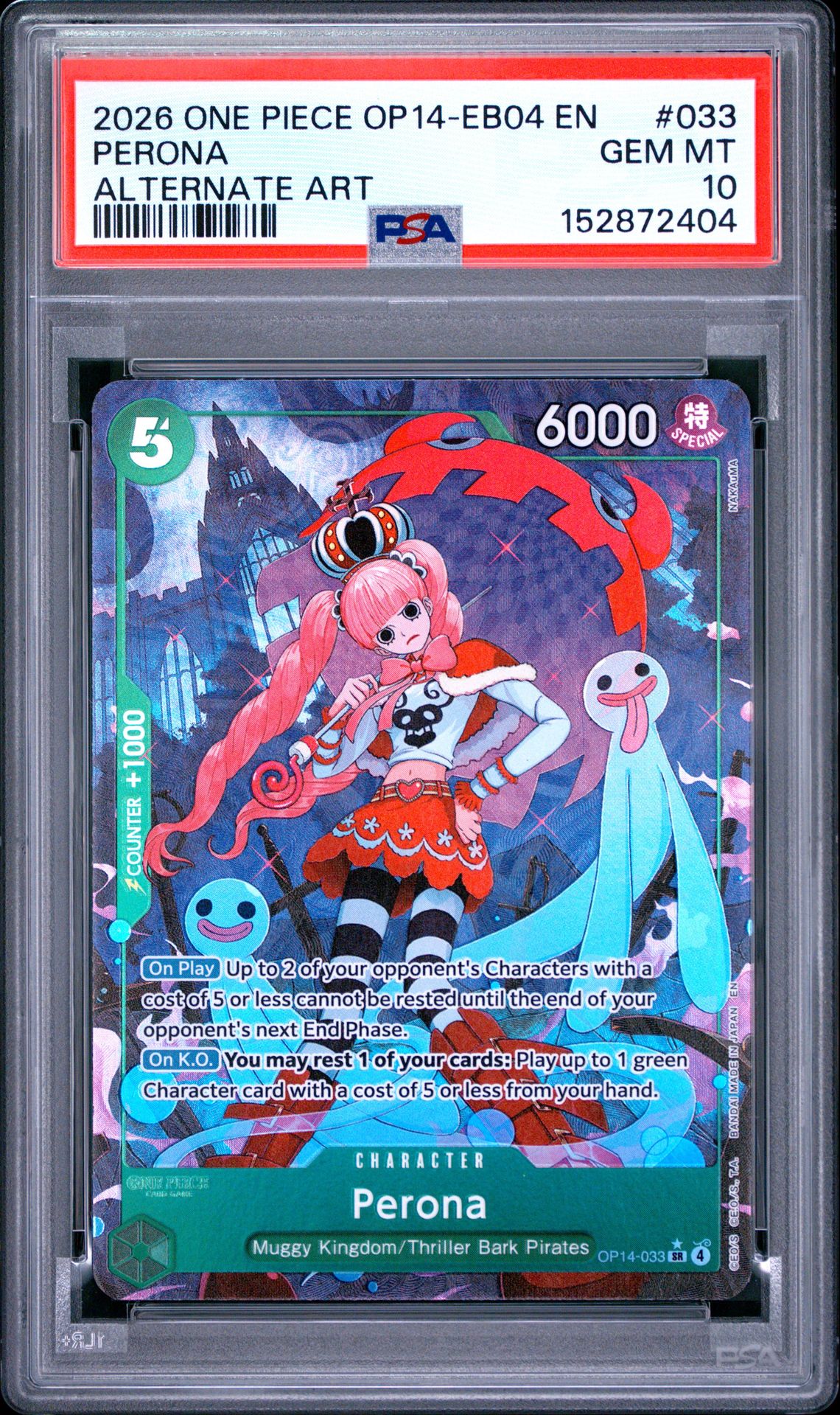 2026 One Piece Op14-Eb04-The Azure Sea's Seven Perona #033 (Alternate Art) Gem Mt 10 front view - PSA graded GEM MT 10