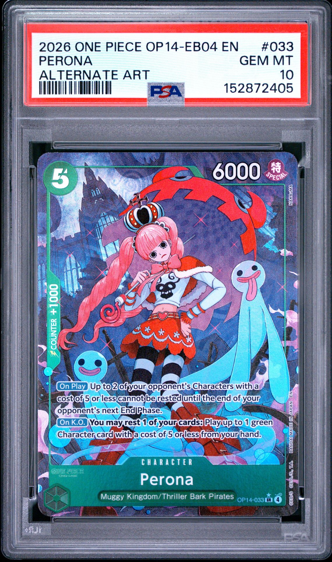 2026 One Piece Op14-Eb04-The Azure Sea's Seven Perona #033 (Alternate Art) Gem Mt 10 front view - PSA graded GEM MT 10