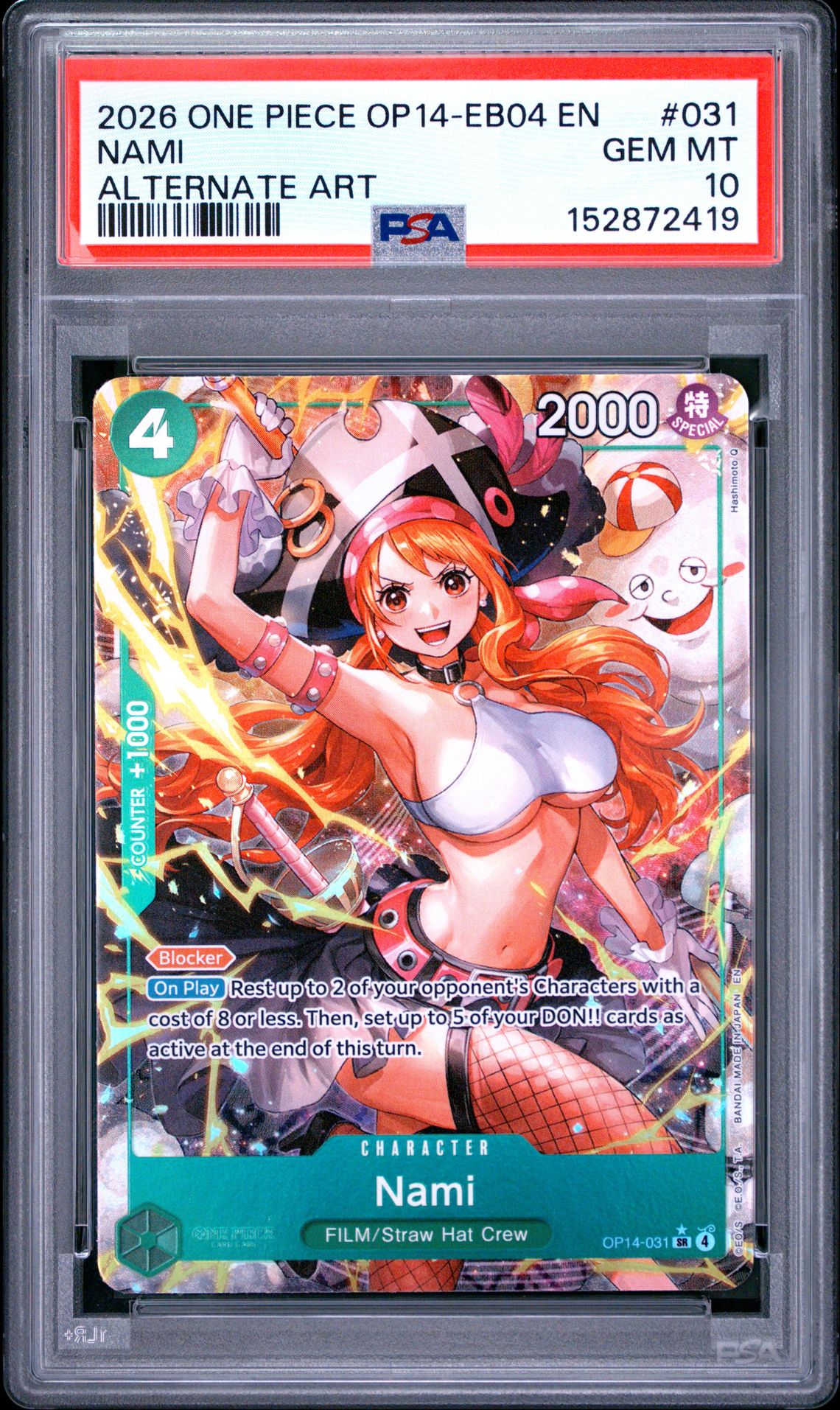 2026 One Piece Op14-Eb04-The Azure Sea's Seven Nami #031 (Alternate Art) Gem Mt 10 front view - PSA graded GEM MT 10