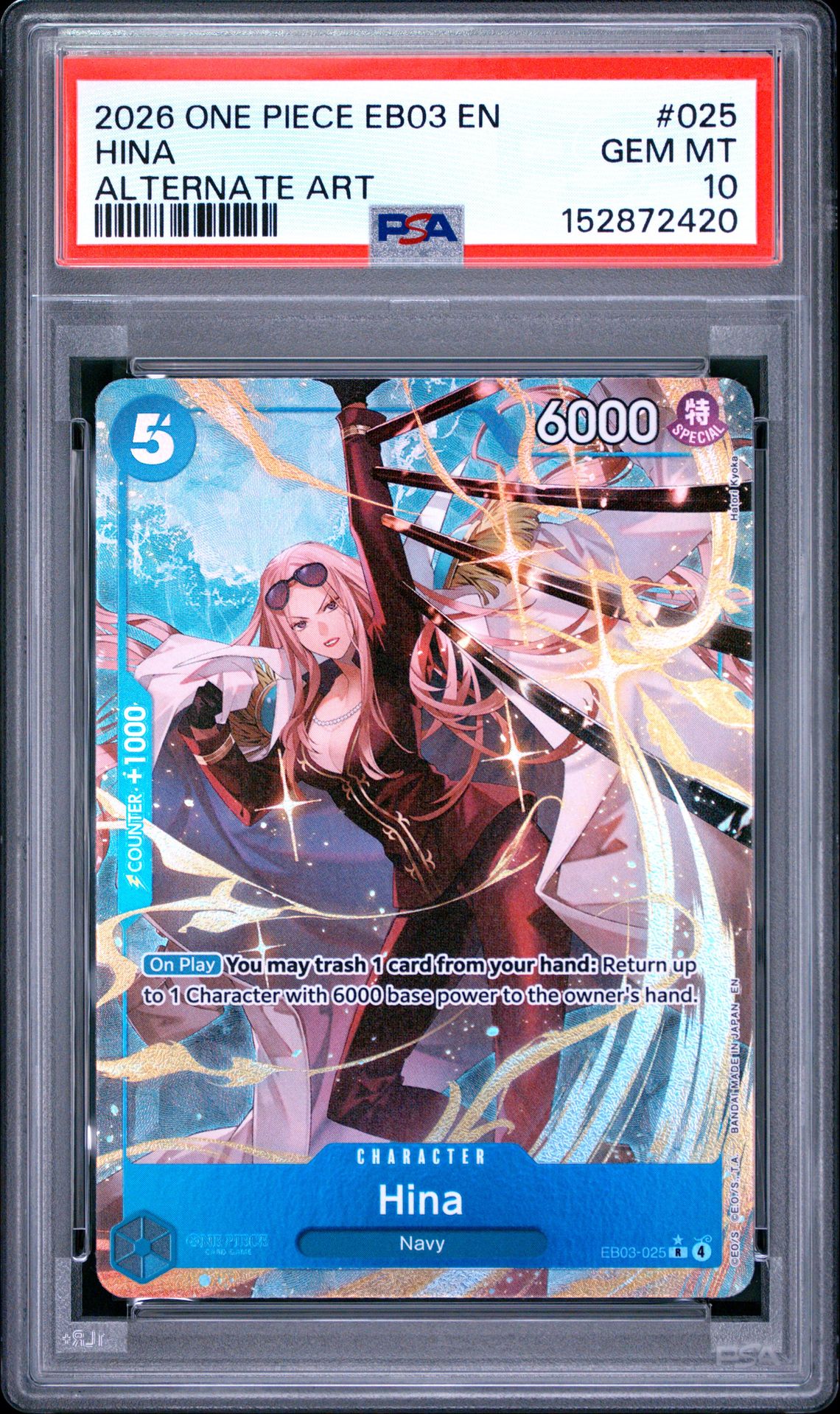 2026 One Piece Eb03-Extra Booster -One Piece Heroines Edition- Hina #025 (Alternate Art) Gem Mt 10 front