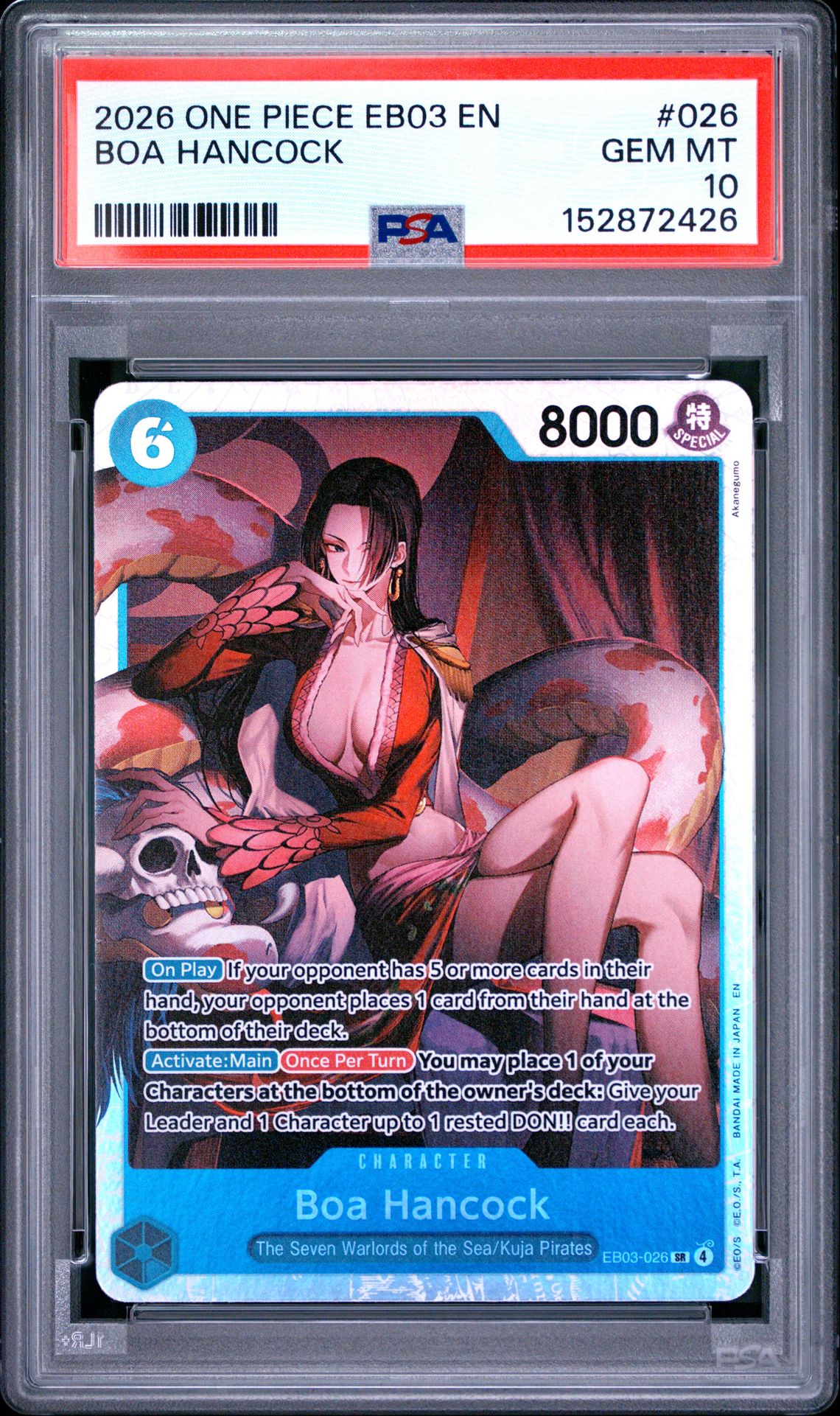 2026 One Piece Eb03-Extra Booster -One Piece Heroines Edition- Boa Hancock #026 Gem Mt 10 front view - PSA graded GEM MT 10