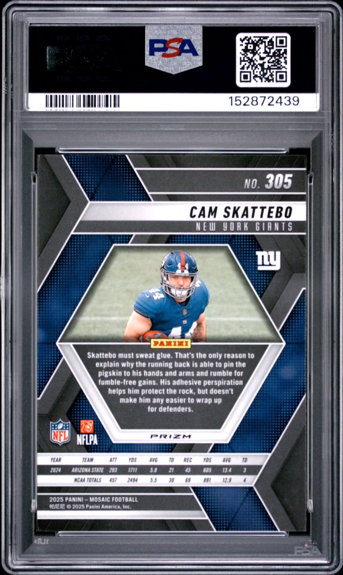2025 Panini Mosaic Cam Skattebo #305 (Genesis) Gem Mt 10 back view - PSA certificate #152872439