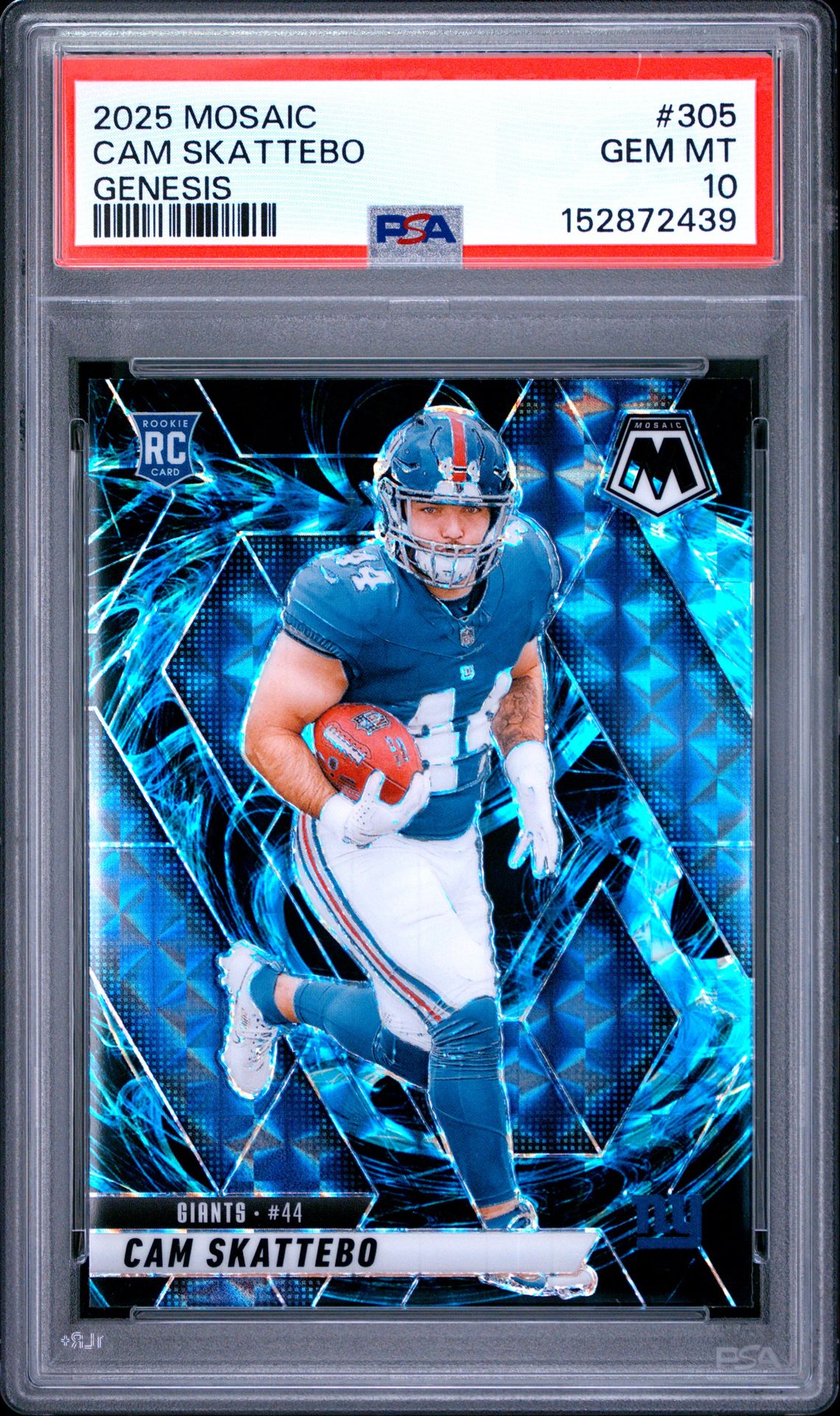 2025 Panini Mosaic Cam Skattebo #305 (Genesis) Gem Mt 10 front view - PSA graded GEM MT 10