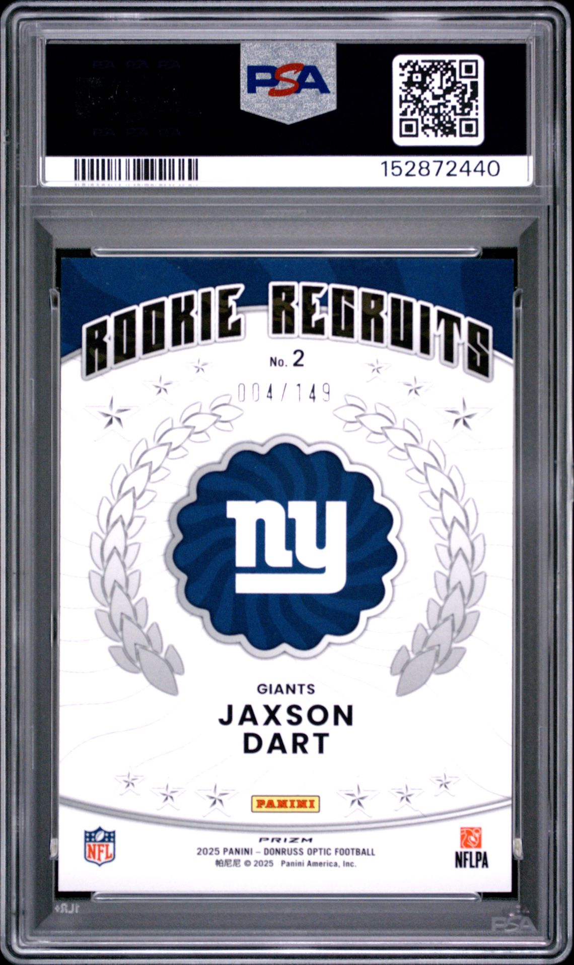 2025 PANINI DONRUSS OPTIC ROOKIE RECRUITS JAXSON DART ROOKIE RECRUITS-BLK PANDORA 2 GEM MT 10 back