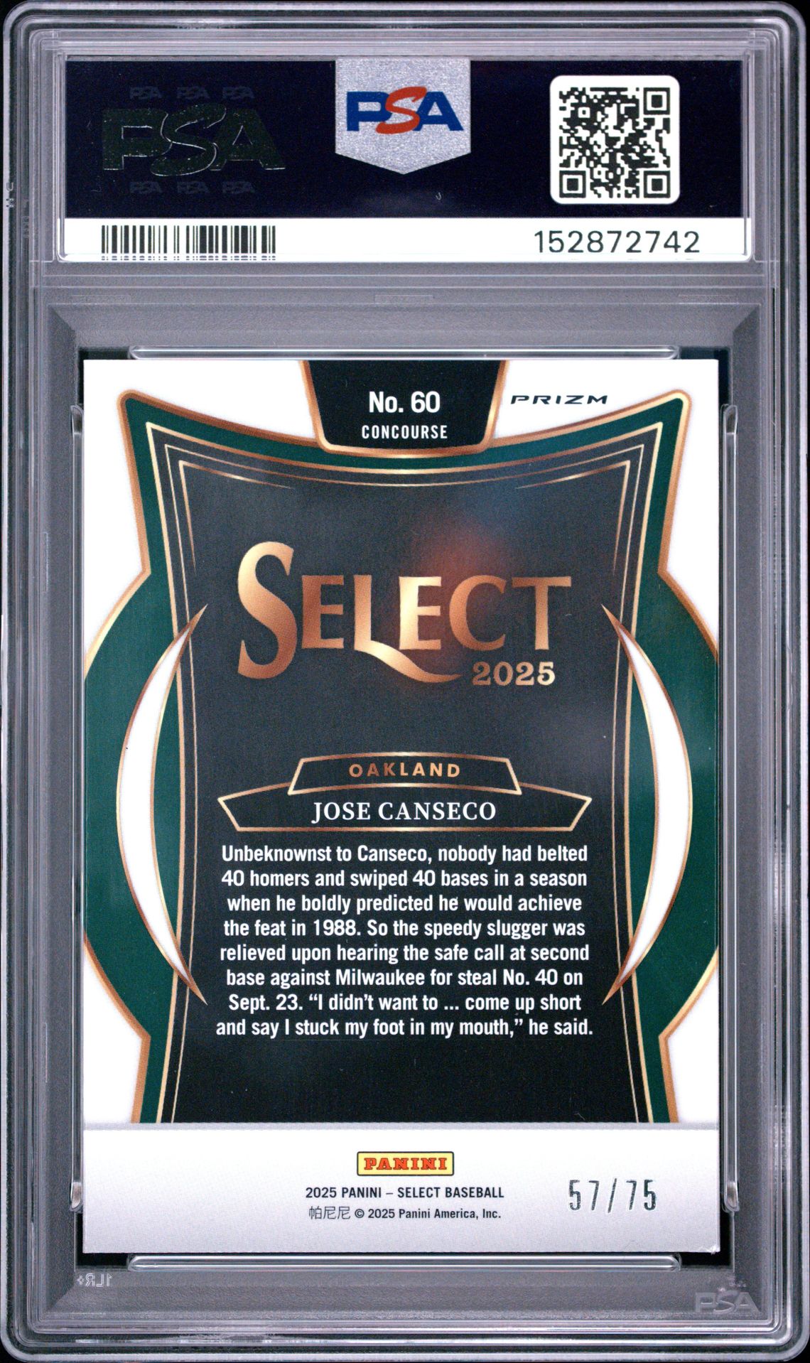 2025 Panini Select Jose Canseco #60 (Purple Prizm) Nm-Mt 8 back
