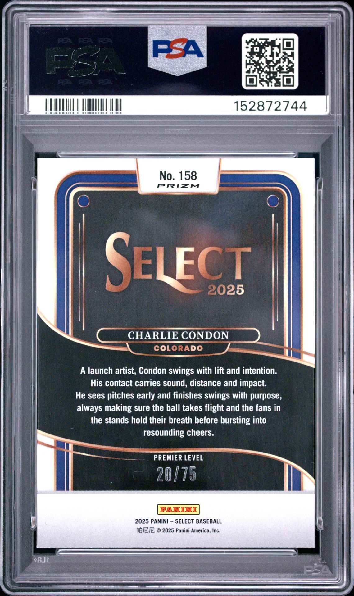 2025 Panini Select Charlie Condon #158 (Purple Prizm) Mint 9 back