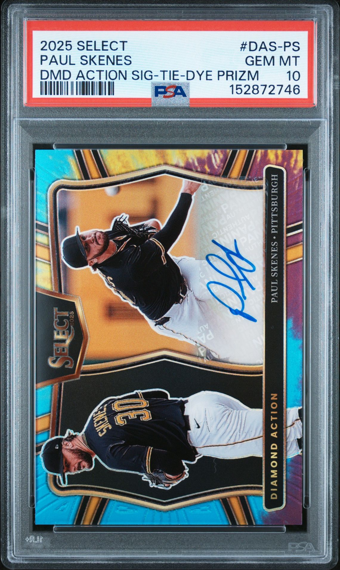 2025 Panini Select Diamond Action Signatures Paul Skenes #Das-Ps (Dmd Action Sig-Tie-Dye Prizm) Gem Mt 10 front view - PSA graded GEM MT 10