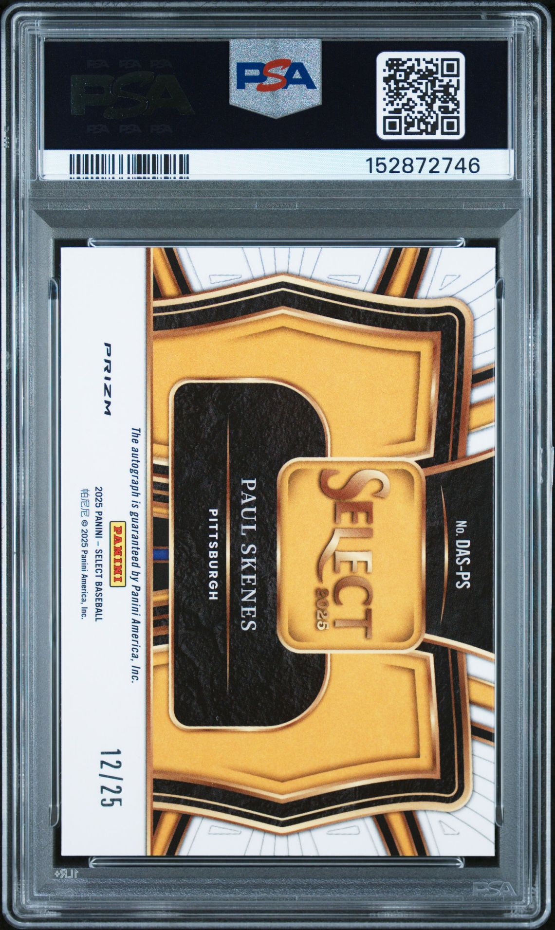 2025 Panini Select Diamond Action Signatures Paul Skenes #Das-Ps (Dmd Action Sig-Tie-Dye Prizm) Gem Mt 10 back view - PSA certificate #152872746