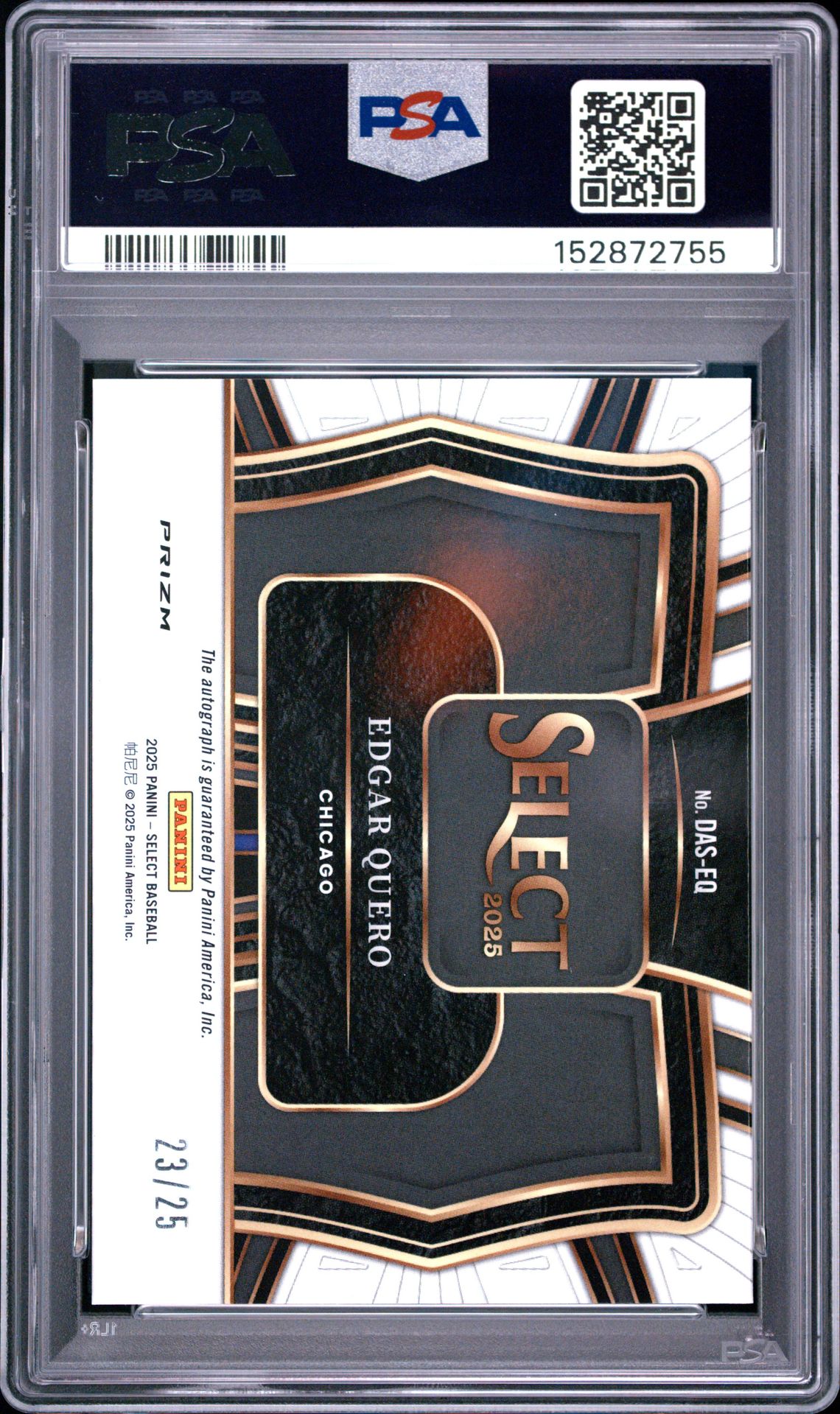 2025 Panini Select Diamond Action Signatures Edgar Quero #Das-Eq (Dmd Action Sig-Tie-Dye Prizm) Gem Mt 10 back view - PSA certificate #152872755