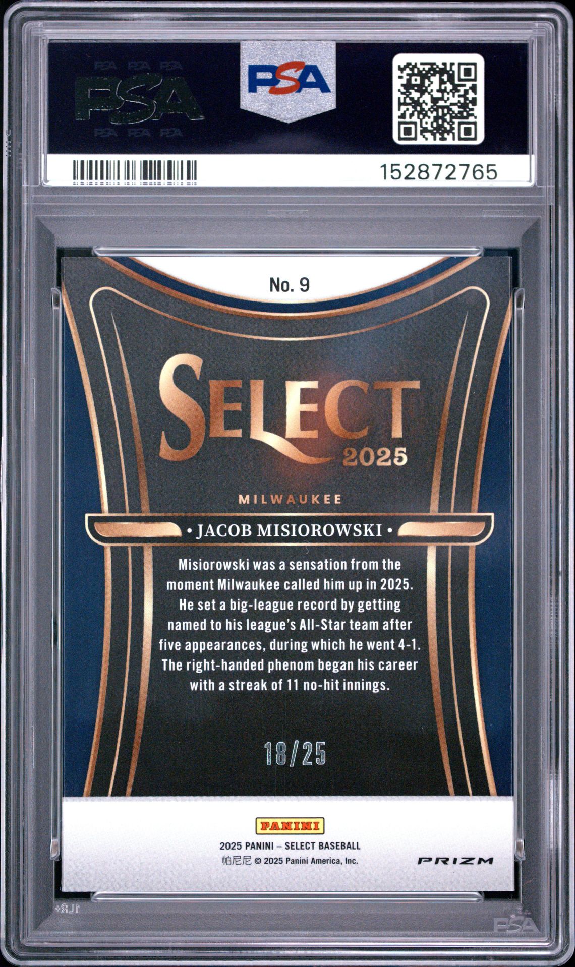 2025 Panini Select Phenomenon Jacob Misiorowski #9 (Phenomenon-Tie-Dye Prizm) Mint 9 back
