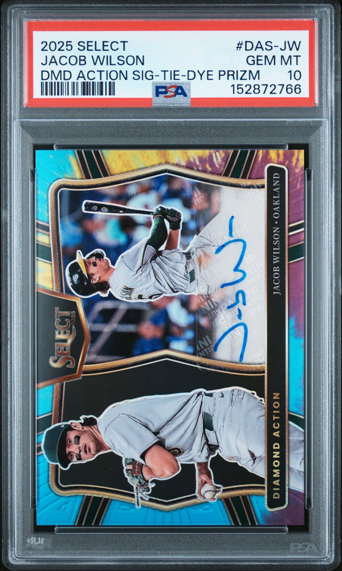 2025 Panini Select Diamond Action Signatures Jacob Wilson #Das-Jw (Dmd Action Sig-Tie-Dye Prizm) Gem Mt 10 front view - PSA graded GEM MT 10