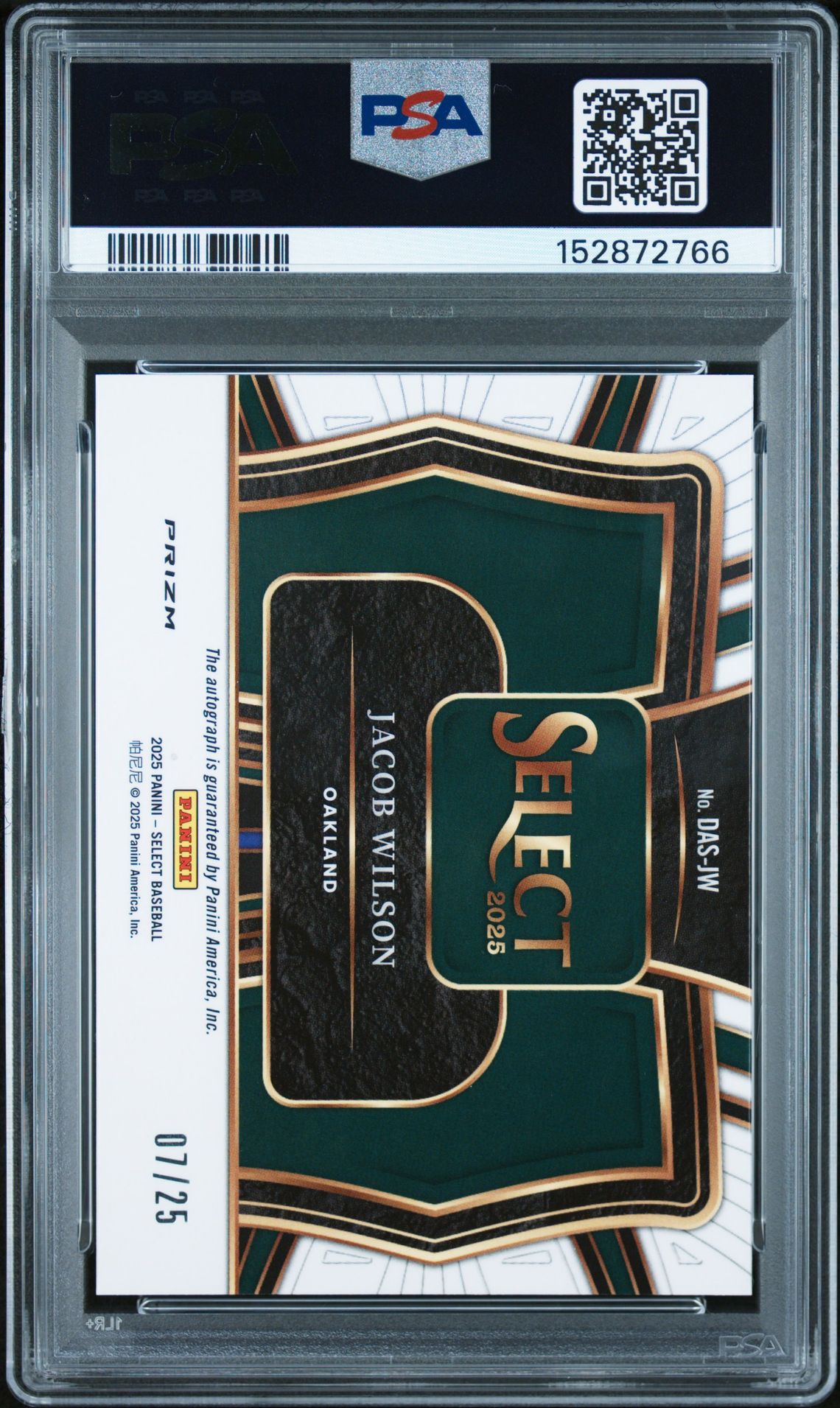 2025 Panini Select Diamond Action Signatures Jacob Wilson #Das-Jw (Dmd Action Sig-Tie-Dye Prizm) Gem Mt 10 back view - PSA certificate #152872766