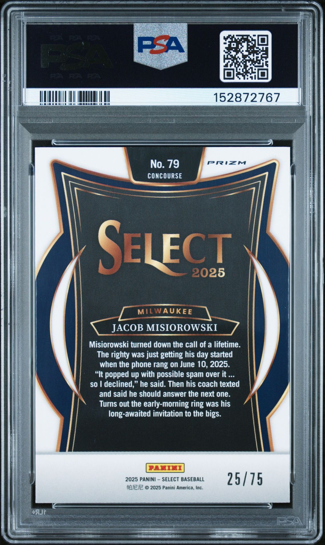 2025 Panini Select Jacob Misiorowski #79 (Purple Prizm) Gem Mt 10 back view - PSA certificate #152872767
