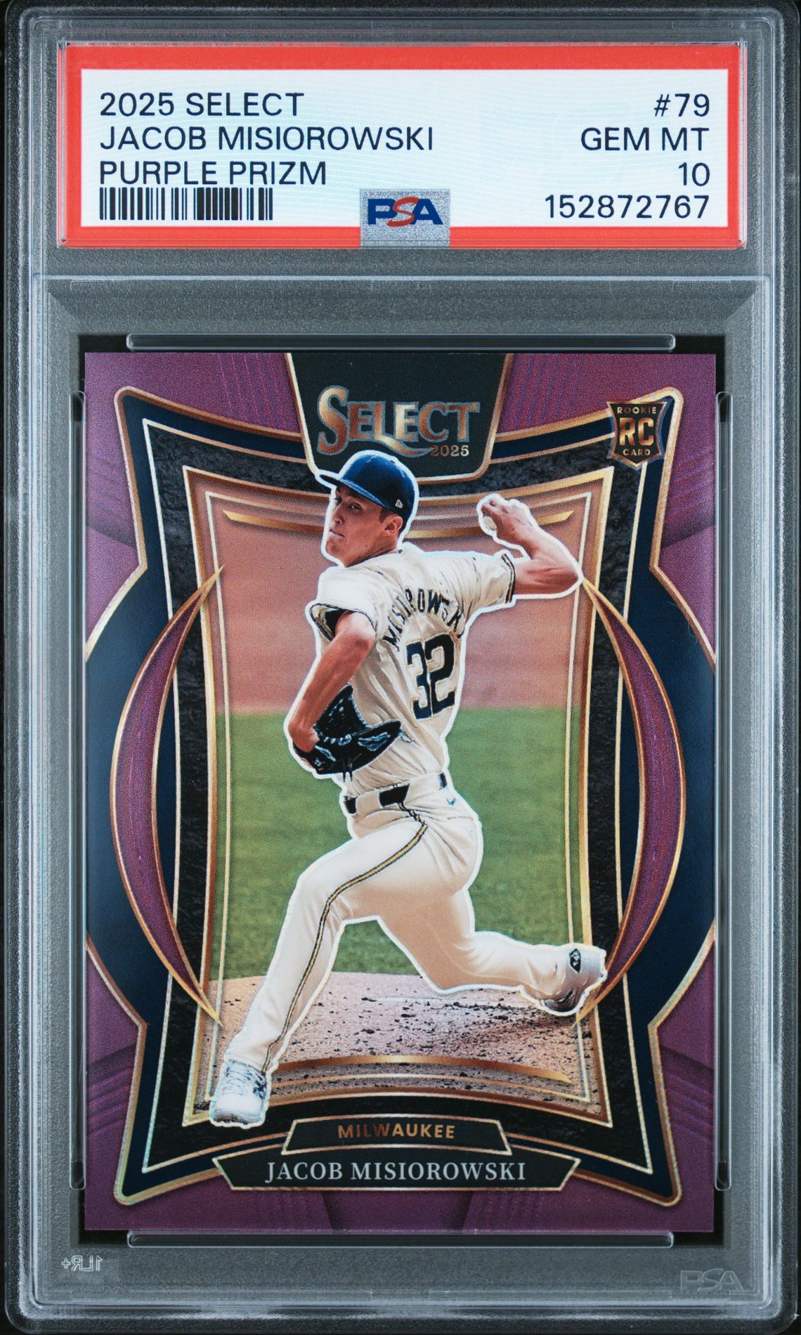 2025 Panini Select Jacob Misiorowski #79 (Purple Prizm) Gem Mt 10 front view - PSA graded GEM MT 10