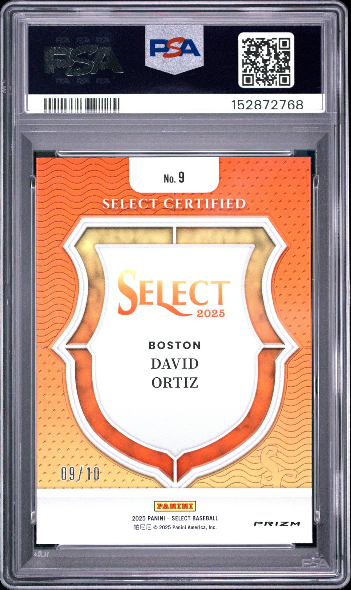 2025 Panini Select Select Certified David Ortiz #9 (Select Certified-Gold Prizm) Gem Mt 10 back view - PSA certificate #152872768