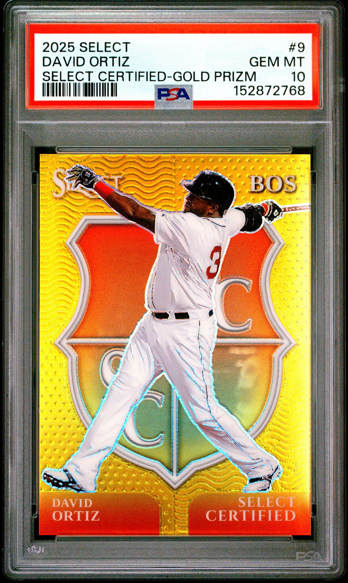 2025 Panini Select Select Certified David Ortiz #9 (Select Certified-Gold Prizm) Gem Mt 10 front view - PSA graded GEM MT 10