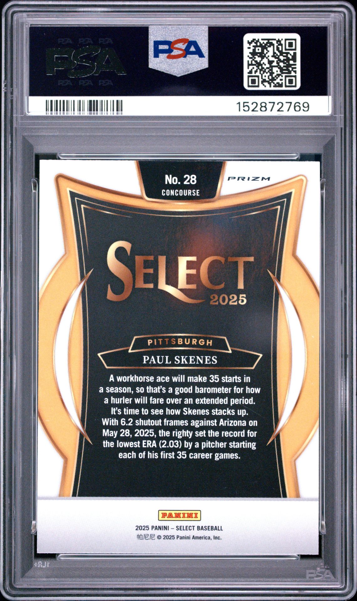 2025 Panini Select Paul Skenes #28 (Tri-Color Prizm) Nm-Mt 8 back