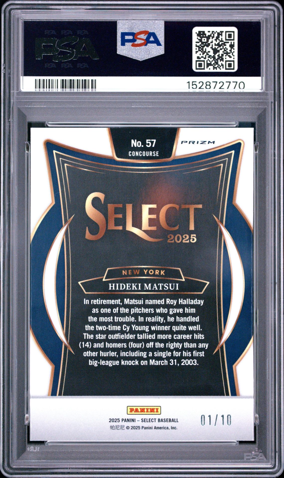 2025 Panini Select Hideki Matsui #57 (Gold Prizm) Mint 9 back