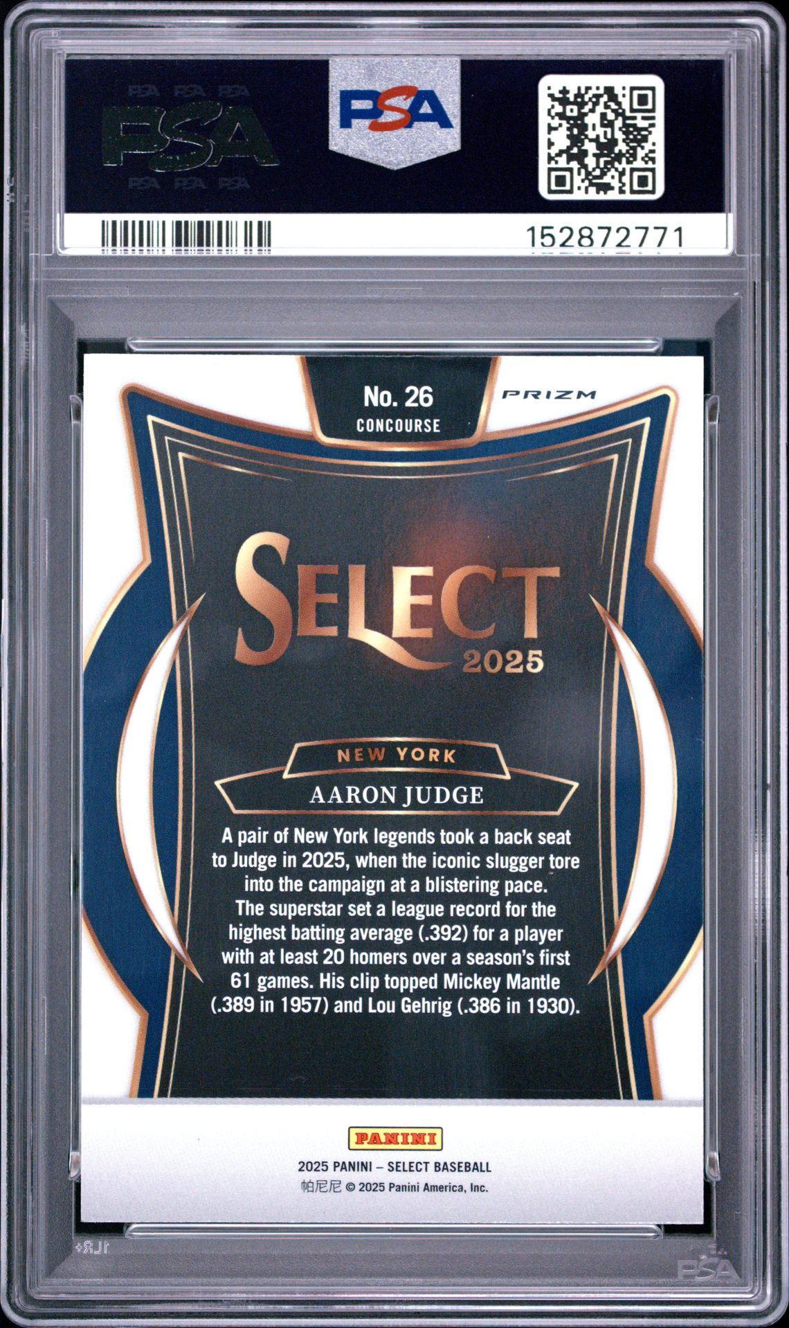2025 Panini Select Aaron Judge #26 (Tri-Color Prizm) Mint 9 back